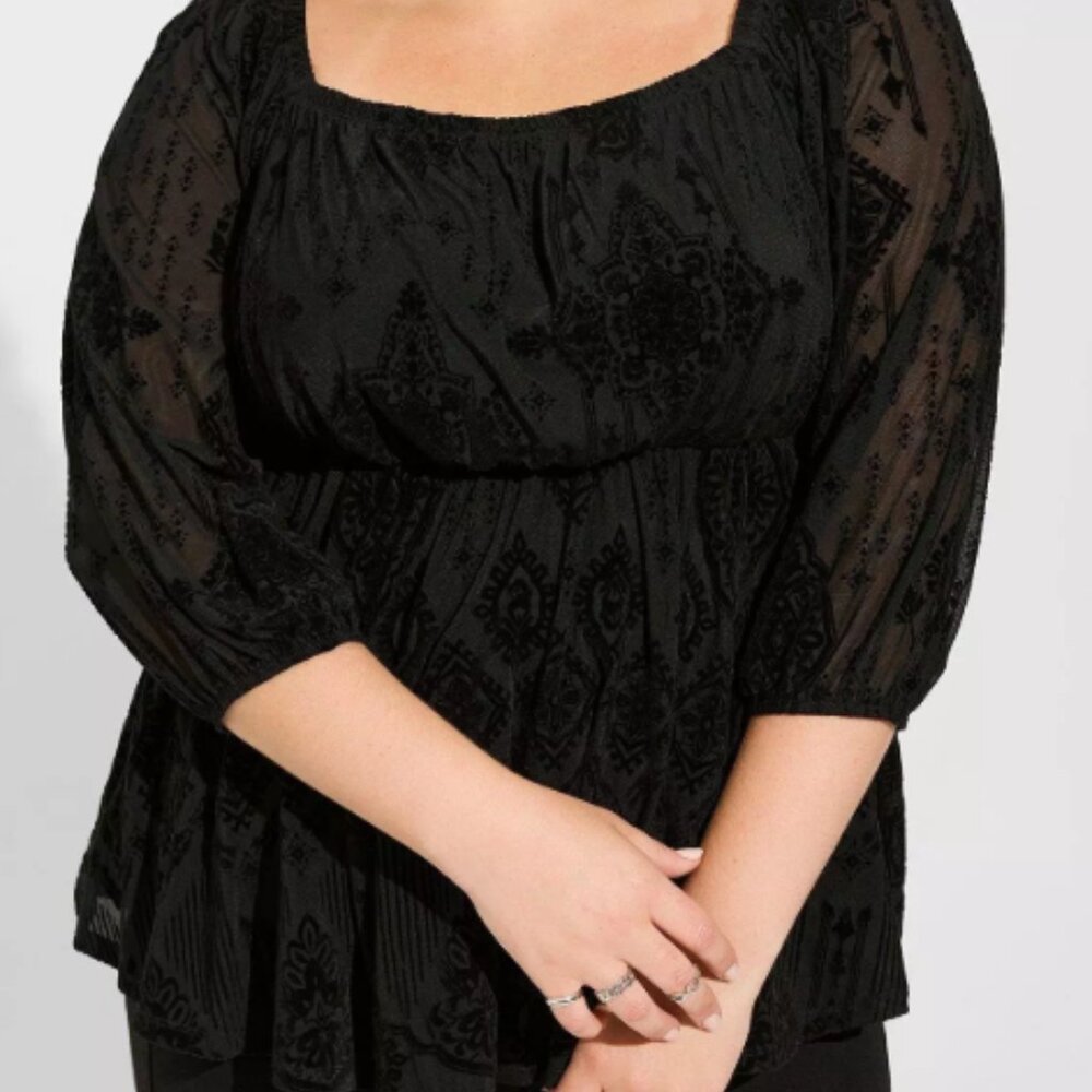 TORRID Flocked Mesh Black Velvet Burnout Peasant Top NWT Sz 1